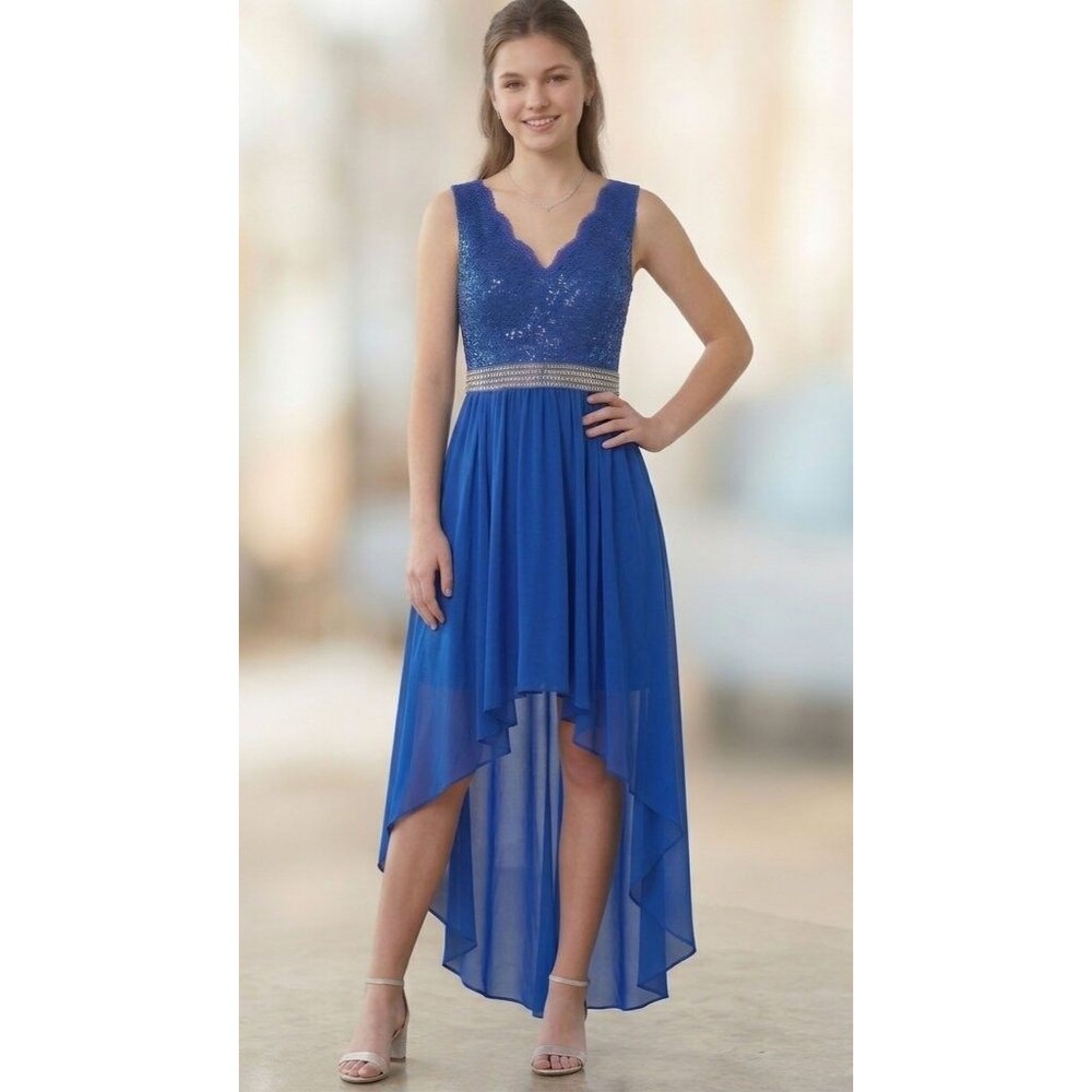 B. Smart Royal Blue Sequin Lace High-Low Formal Dress Juniors Size 5